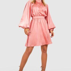 Pink Boohoo Blouson Sleeve Satin Mini Skater Dress
